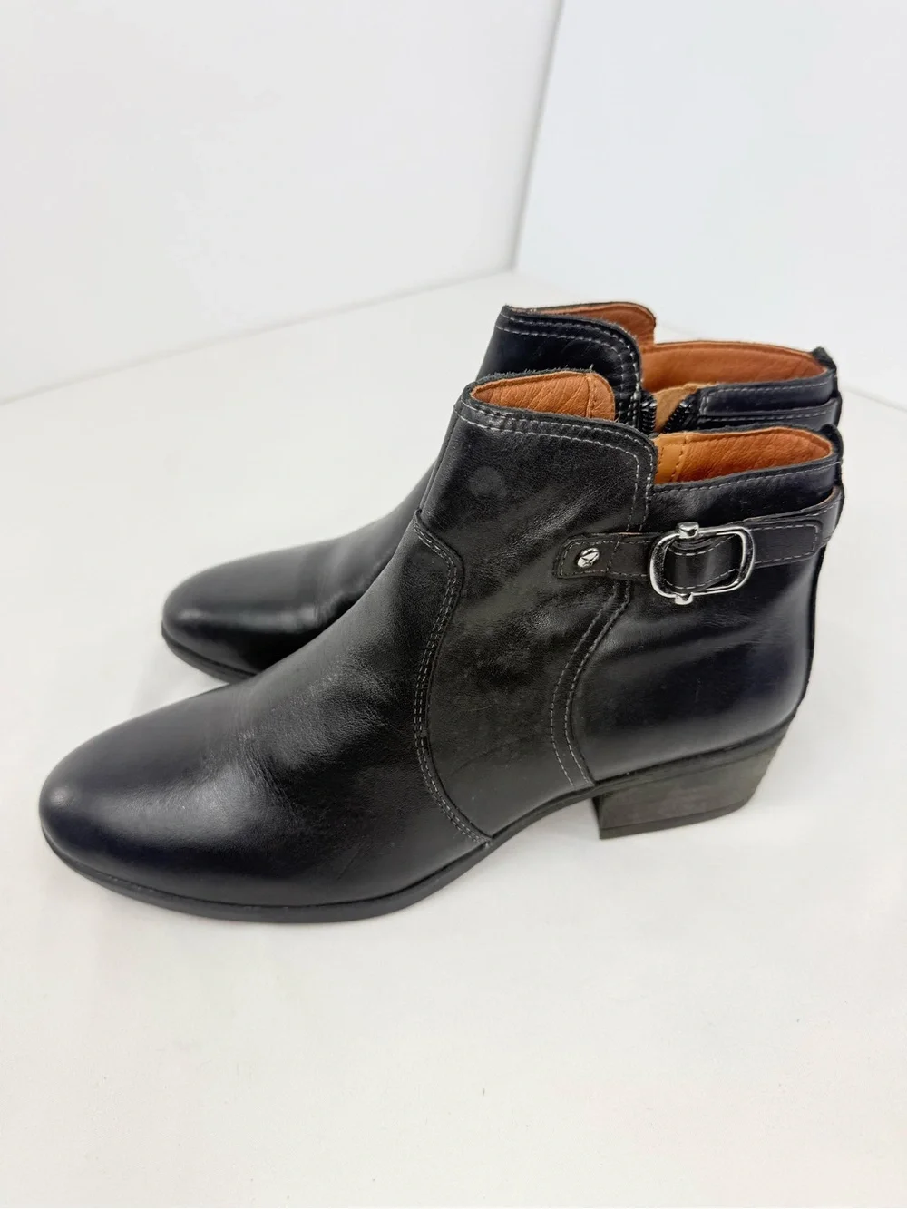 Pikolinos Black Leather Buckle Side Zip Chelsea Ankle Boots